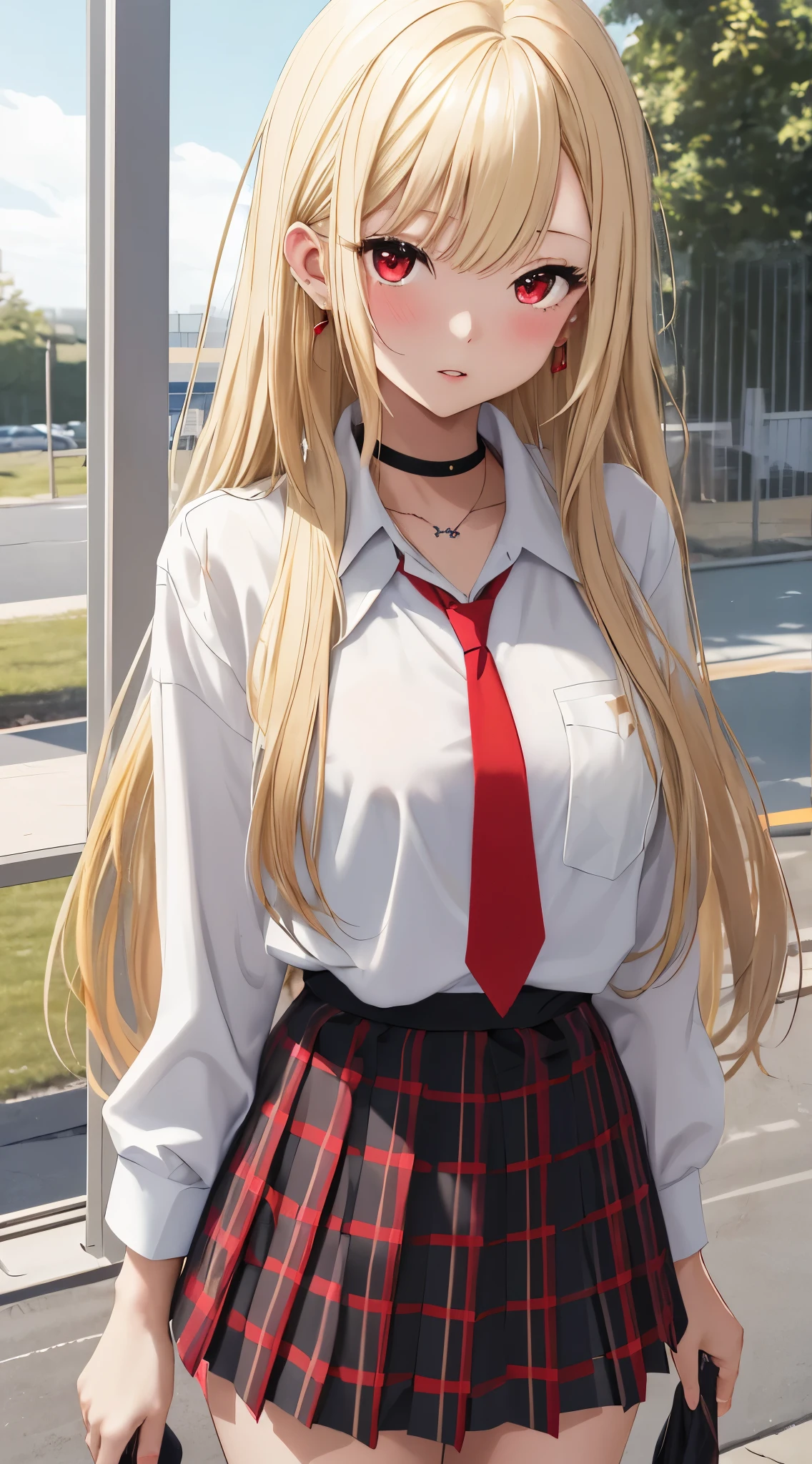 masterpiece, best quality, highres, kitagawa marin, 1girl, blonde hair, long hair, swept bangs, gradient hair, red eyes, jewelry, earrings, piercing, school uniform, white shirt, tied shirt, black choker, blue necktie, plaid skirt, glossy lips, parted lips, standing, cowboy shot, outdoors,