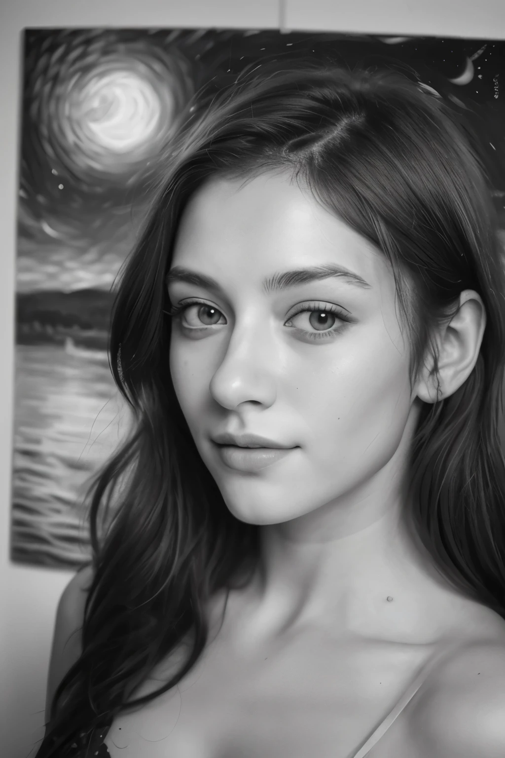 A remarkable realistic pencil drawing of a cute and beautiful woman gazing at the mesmerizing starry night sky. The artist's expert use of shading and fine lines brings out every intricate detail of the woman's features, capturing the wonder and awe reflected in her eyes as she beholds the celestial beauty above. The skillful rendering of the night sky with its twinkling stars and ethereal clouds adds depth and realism to the artwork. The overall composition evokes a sense of tranquility and introspection, inviting viewers to join the woman in her contemplation of the vast universe.