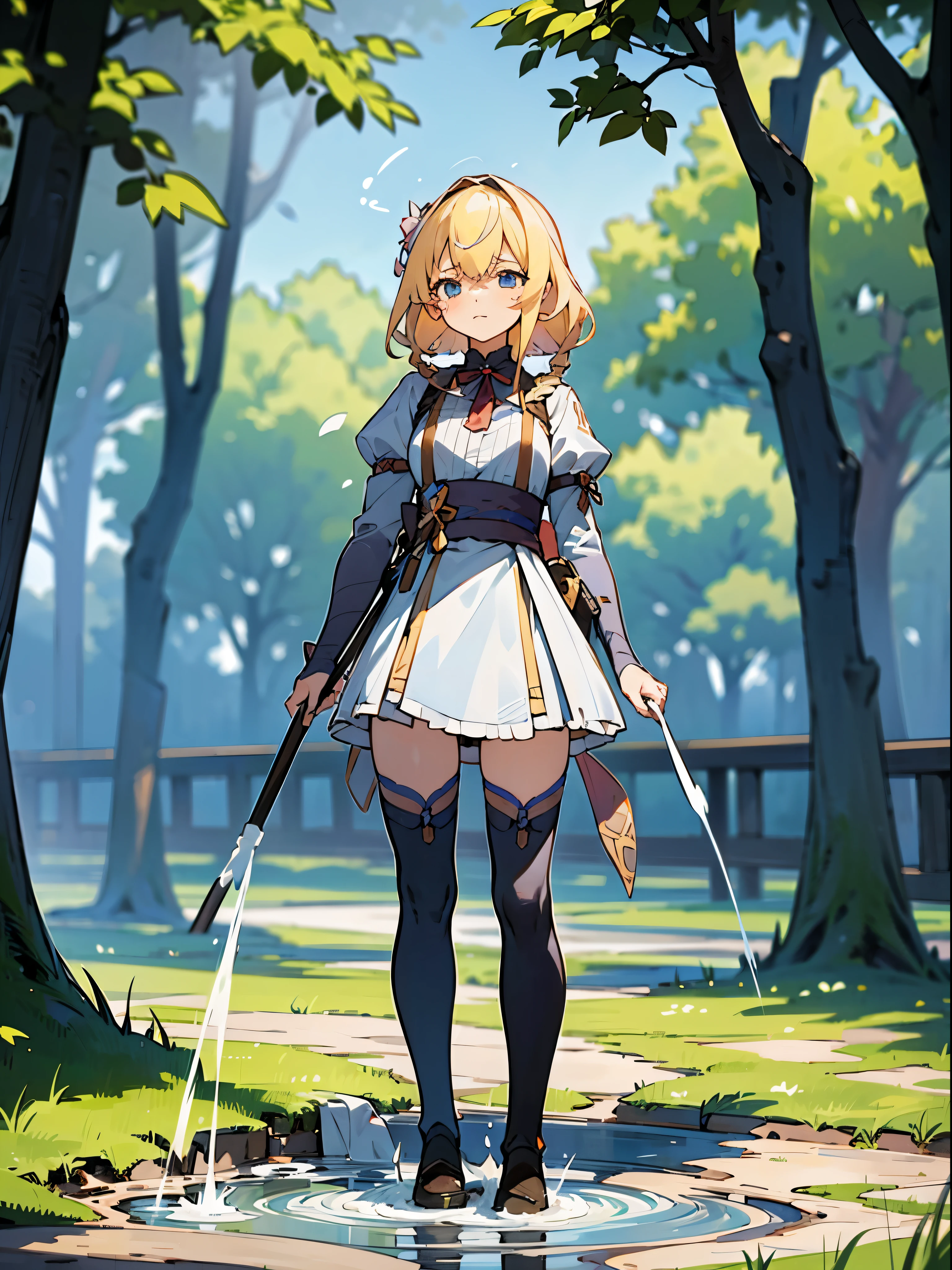anime styled, The ultra -The high-definition, alice in the wonderland, very cute bronze hair girl, ((a blond:1.4)), ((long:1.4)), shame, He'He恥ずかしそうな表情で私を見ている., light blue fluttering short dress, frilldの付いた白いエプロンスカートを重ねる, frilld, A large white ribbon is tied behind the waist of the dress.. , B-cup breast, Light blue fluttering mini skirt, 両足ともハイソックスは爪先から太ももの半ばあたりまであるlongい白色のknee high, ((knee high:1.4)), and draw the full body, in the forest where bright sunlight shines through, Clothes are disheveled、Chest exposed, teatsが見えている, ((teats:1.4)), Her skirt is in disarray and her crotch is visible., 股のFemale genitalsが見えている, ((Female genitals:1.4)), pee, お漏らししてpeeが股から吹き出している, Lying on the ground, lying on one's side, open one's legs, standing with legs bent at the knees, Excreted urine draws a parabola and wets the ground., ((pissing:1.5)), i'Hold out your hand as if inviting me here, Girls are watching this, Please draw the front side from a low angle..