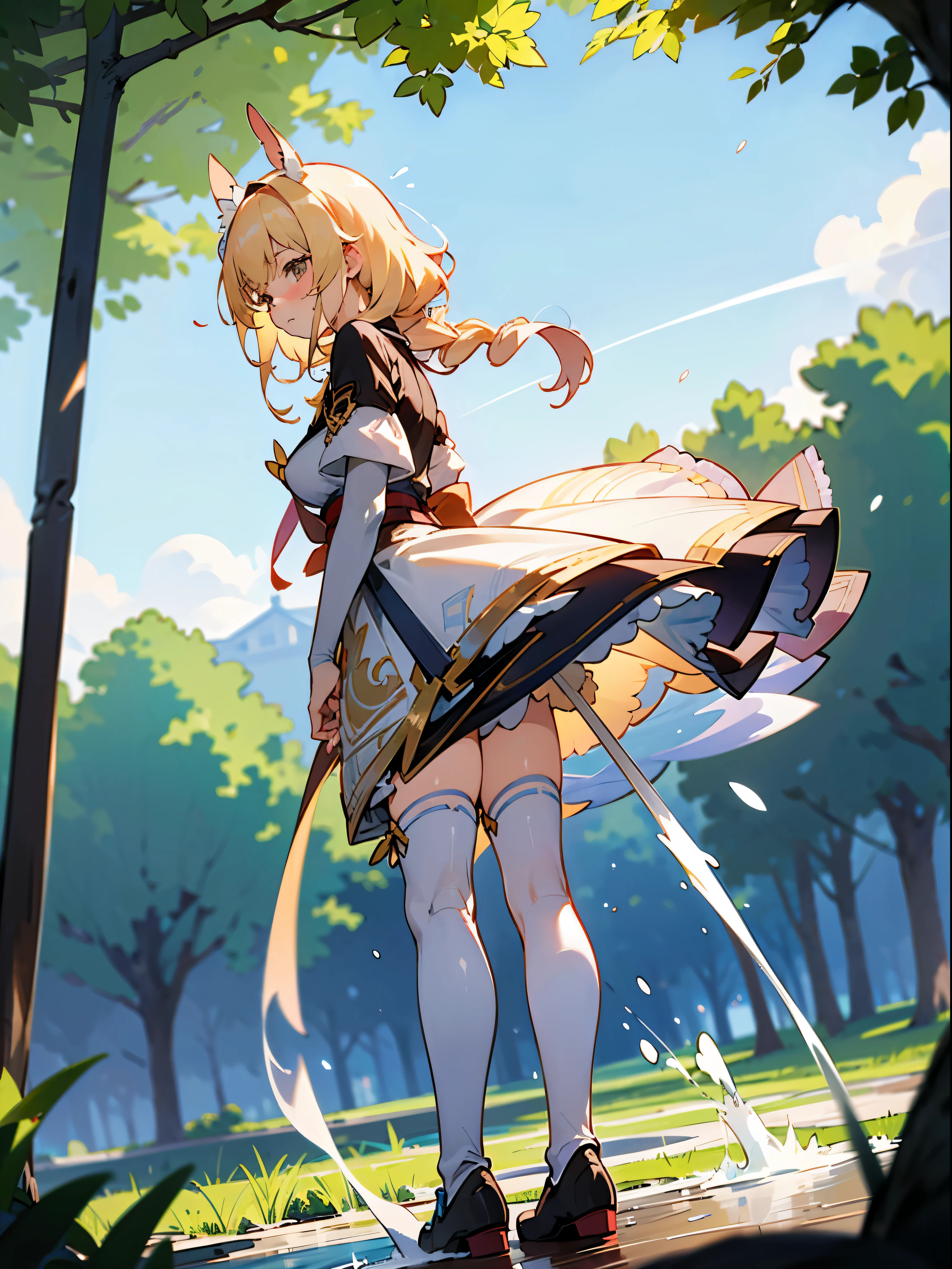 anime styled, The ultra -The high-definition, alice in the wonderland, very cute bronze hair girl, ((a blond:1.4)), ((long:1.4)), shame, He&#39;He恥ずかしそうな表情で私を見ている., light blue fluttering short dress, frilldの付いた白いエプロンスカートを重ねる, frilld, A large white ribbon is tied behind the waist of the dress.. , B-cup breast, Light blue fluttering mini skirt, 両足ともハイソックスは爪先から太ももの半ばあたりまであるlongい白色のknee high, ((knee high:1.4)), and draw the full body, in the forest where bright sunlight shines through, Clothes are disheveled、Chest exposed, teatsが見えている, ((teats:1.4)), Her skirt is in disarray and her crotch is visible., 股のFemale genitalsが見えている, ((Female genitals:1.4)), pee, お漏らししてpeeが股から吹き出している, Lying on the ground, lying on one's side, open one's legs, standing with legs bent at the knees, Excreted urine draws a parabola and wets the ground., ((pissing:1.5)), i&#39;Hold out your hand as if inviting me here, Girls are watching this, Please draw the front side from a low angle..
