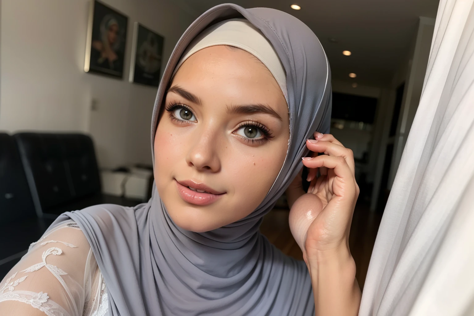 (Sfw huge C breast), sexy breast, big cleavage, (hijab), open_clothes, strapless bra, real skin, real breast, detailed skin features, detailed breast, detailed clothes features, real face, realiatic face, detailed face and breast, detailed skin features, beautiful eyes, grey eyes, detailed eyes, glossy lips,