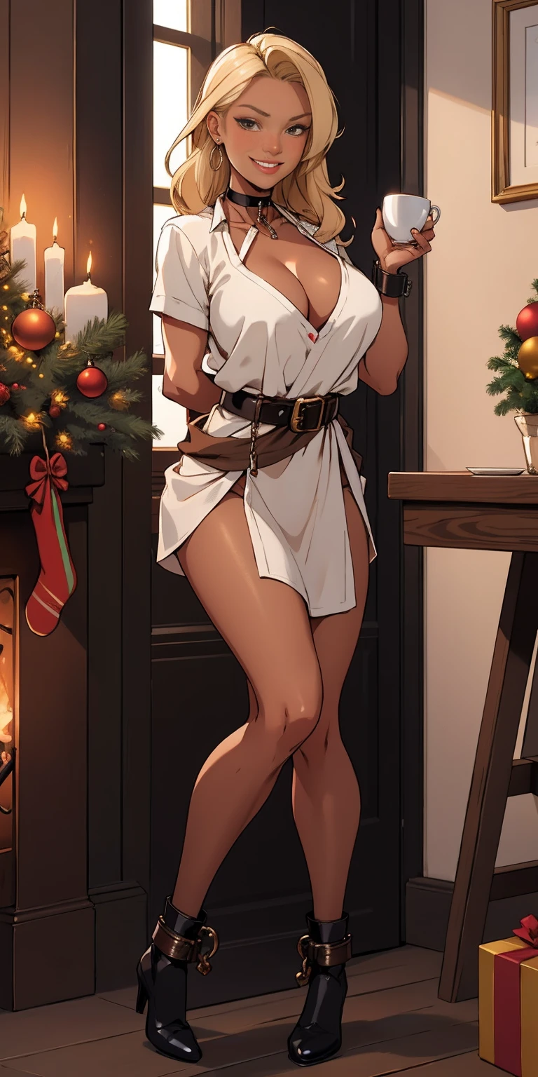 female beautiful blonde brown skin, holds a cup of coffee in his hand, christmas decoration painting, Handcuffs on their hands, With a collar around the neck, brown huge belt on waist, slave, ((black choker, shackles on legs and arms)), linen tunic, smirking smile