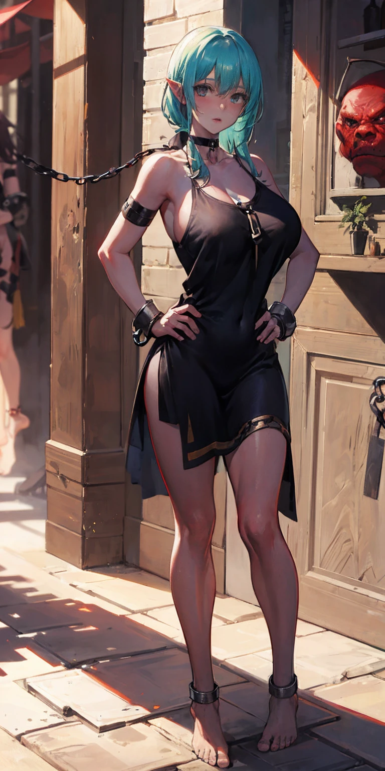 full body, barefoot, solo, female, big breast (orc, red skin), linen tunic, fantasy village, armor, Handcuffs on their hands, With a collar around the neck, hands on hips, slave, ((black choker, shackles on legs and arms)),