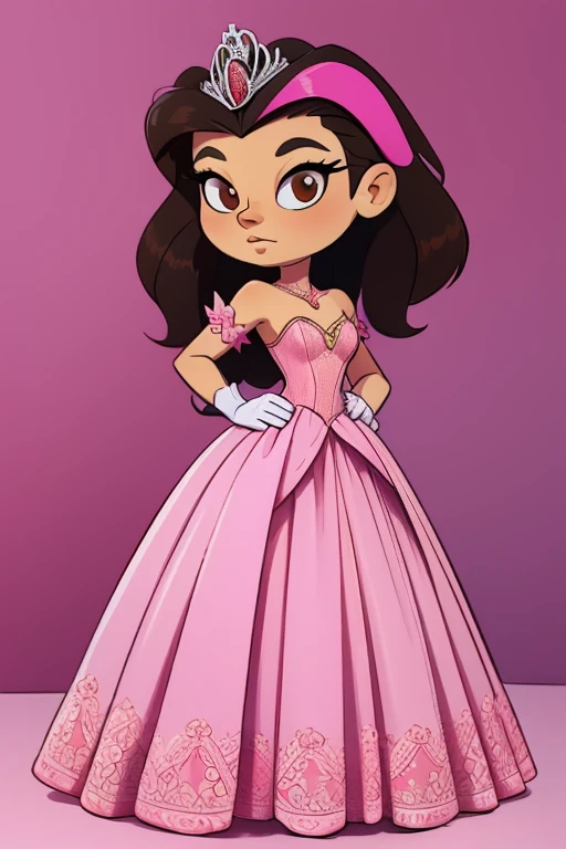 jun juniper lee, asian american, dark hair, long dark hair brown eyes, wearing a dress, pink dress, pink princess dress, princess dress, long dress, gloves, pink gloves, long gloves, front view, great anatomy, great coloring , full body on frame, small breasts, tiny breasts, perfect eyes, detailed eyes, great coloring,