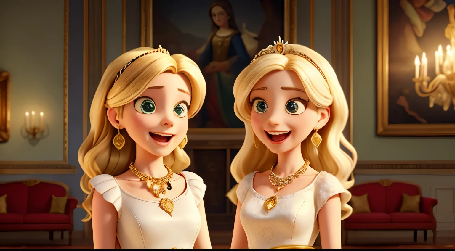 Two sisters with white skin and blonde hair, snake-like gazes, demonic laughter, dressed in luxurious attire with necklaces, earrings, and tiaras. In the background, there is the hall of a magnificent castle with royal leather sofas, luxurious lamps, and Renaissance paintings on the walls. Among the paintings, 'Liberty Leading the People' is prominently displayed.