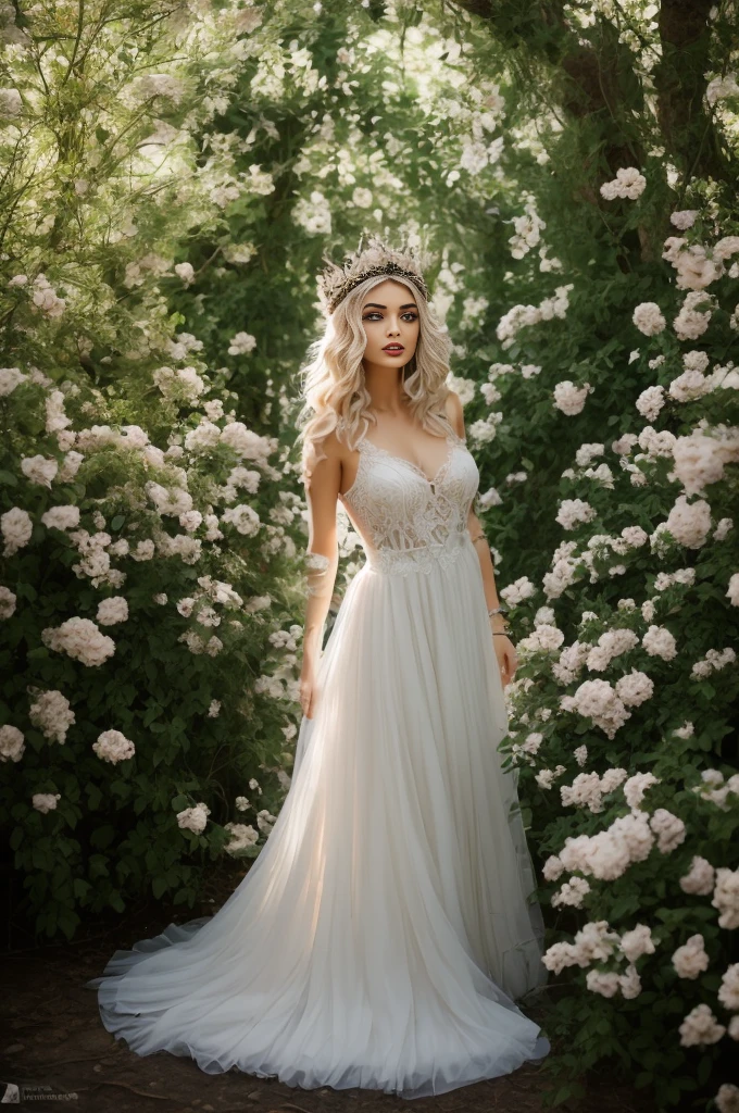 (La mejor calidad,4k,8k,Altas Resoluciones,Obra maestra:1.2),Ultra detallado,(realista,photorealista,photo-realista:1.37),pale gothic goddess,1girl,hermosos ojos detallados,hermosos labios detallados,Ojos y cara extremadamente detallados,long eyeslashes,Pale skin,cabello dorado que fluye como olas,mirada penetrante,vestido fluido blanco puro,dark gothic crown adorned with delicate gems,dramatic makeup,Ethereal Beauty,standing in a mysterious garden,covered in pale flowers,Muros de piedra cubiertos de hiedra y pilares desmoronados.,rays of sunlight filtering through the dense foliage,casting a soft glow across the scene,Ambient lighting reveals intricate details.,The shadows dance with an air of melancholy.,colores vivos mezclados armoniosamente con pasteles suaves,Dreamlike atmosphere,susurrando secretos y deseos ocultos,inquietantemente hermosa,creating a feeling of charm and mystique,mezclando elegancia y oscuridad,creando un contraste sorprendente,retrato con un toque de misticismo,Visualmente cautivador,inspirando asombro y curiosidad.