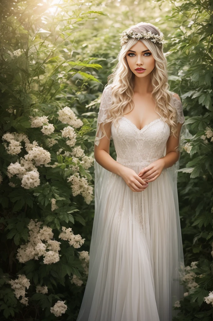 (La mejor calidad,4k,8k,Altas Resoluciones,Obra maestra:1.2),Ultra detallado,(realista,photorealista,photo-realista:1.37),pale gothic goddess,1girl,hermosos ojos detallados,hermosos labios detallados,Ojos y cara extremadamente detallados,long eyeslashes,Pale skin,cabello dorado que fluye como olas,mirada penetrante,vestido fluido blanco puro,dark gothic crown adorned with delicate gems,dramatic makeup,Ethereal Beauty,standing in a mysterious garden,covered in pale flowers,Muros de piedra cubiertos de hiedra y pilares desmoronados.,rays of sunlight filtering through the dense foliage,casting a soft glow across the scene,Ambient lighting reveals intricate details.,The shadows dance with an air of melancholy.,colores vivos mezclados armoniosamente con pasteles suaves,Dreamlike atmosphere,susurrando secretos y deseos ocultos,inquietantemente hermosa,creating a feeling of charm and mystique,mezclando elegancia y oscuridad,creando un contraste sorprendente,retrato con un toque de misticismo,Visualmente cautivador,inspirando asombro y curiosidad.