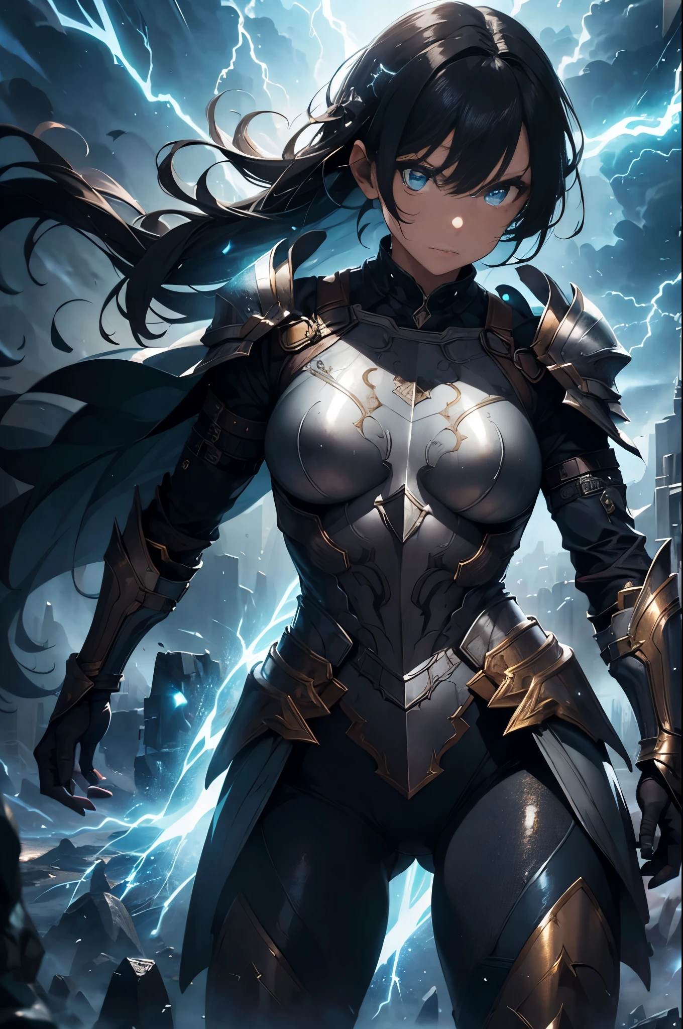 A woman with thunder powers and full armor (best quality, ultra-detailed, photorealistic), lightning effects, vibrant colors, stormy background, powerful stance, intense eyes, dynamic pose, metallic armor, glowing elements, electrical sparks, crackling energy, dramatic lighting, intense atmosphere, superhero concept art, fantasy elements, epic battle scene