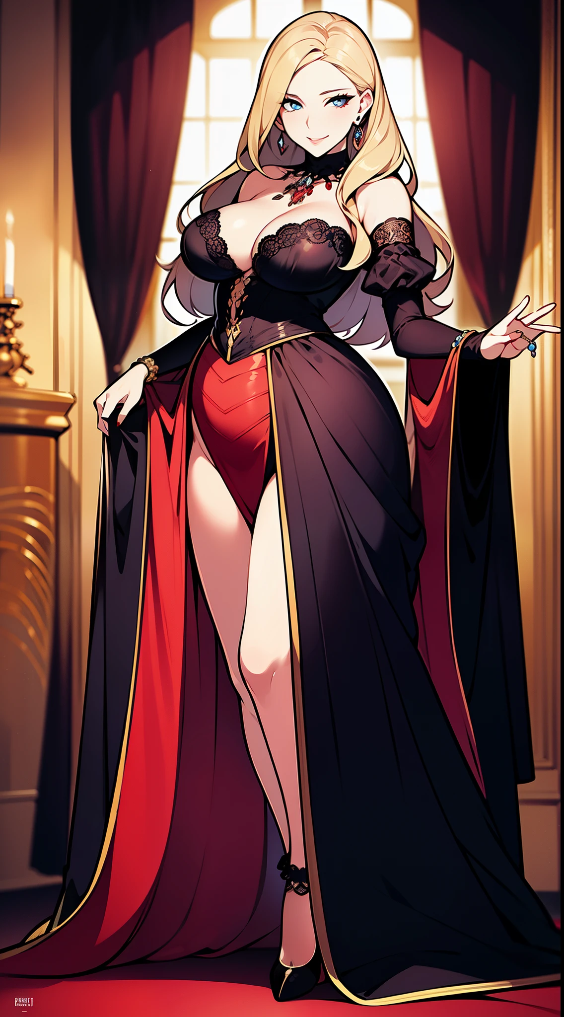 high quality fingers, normal hands, detailed fingers, masterpiece, (realistic, photo-realistic:1.37), (full body:1.5), High-end editorial-style photoshoot highlighting the beauty of a woman with blonde hair and bright blue eyes, dressed in a chic red and black corset, thin waist, seductive smile, large tits, perfect body, perfect face, (full body:1.5), set within the refined atmosphere of a Victorian ballroom. Stylish, elaborate jewelry made with expensive gems.