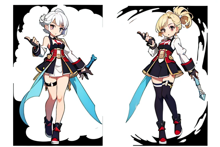 (((Best Quality))) , ((full body)), female, multiple views, white background, variety of hairstyles, holding weapon, high leg,