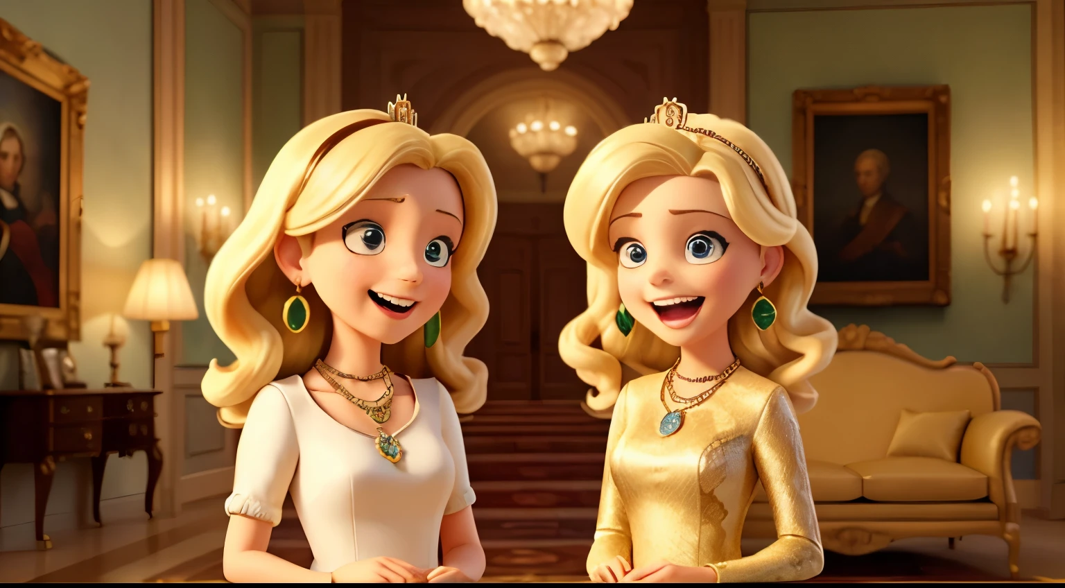 Two sisters with white skin and blonde hair, snake-like gazes, demonic laughter, dressed in luxurious attire with necklaces, earrings, and tiaras. In the background, there is the hall of a magnificent castle with royal leather sofas, luxurious lamps, and Renaissance paintings on the walls. Among the paintings, 'Liberty Leading the People' is prominently displayed.