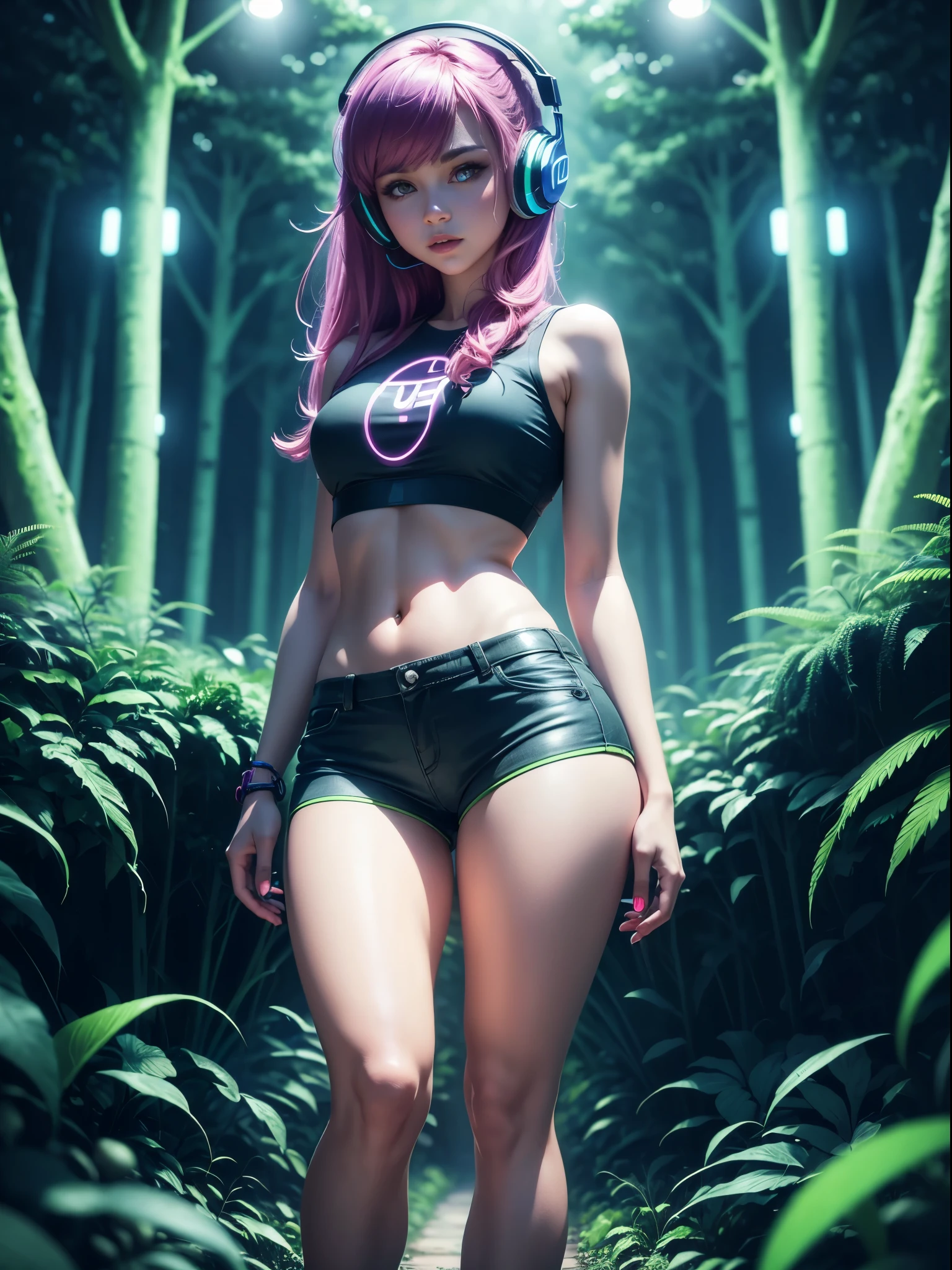 beautiful girl wearing hot pants and headphones, in a neon lit forest ultra realistic 4k