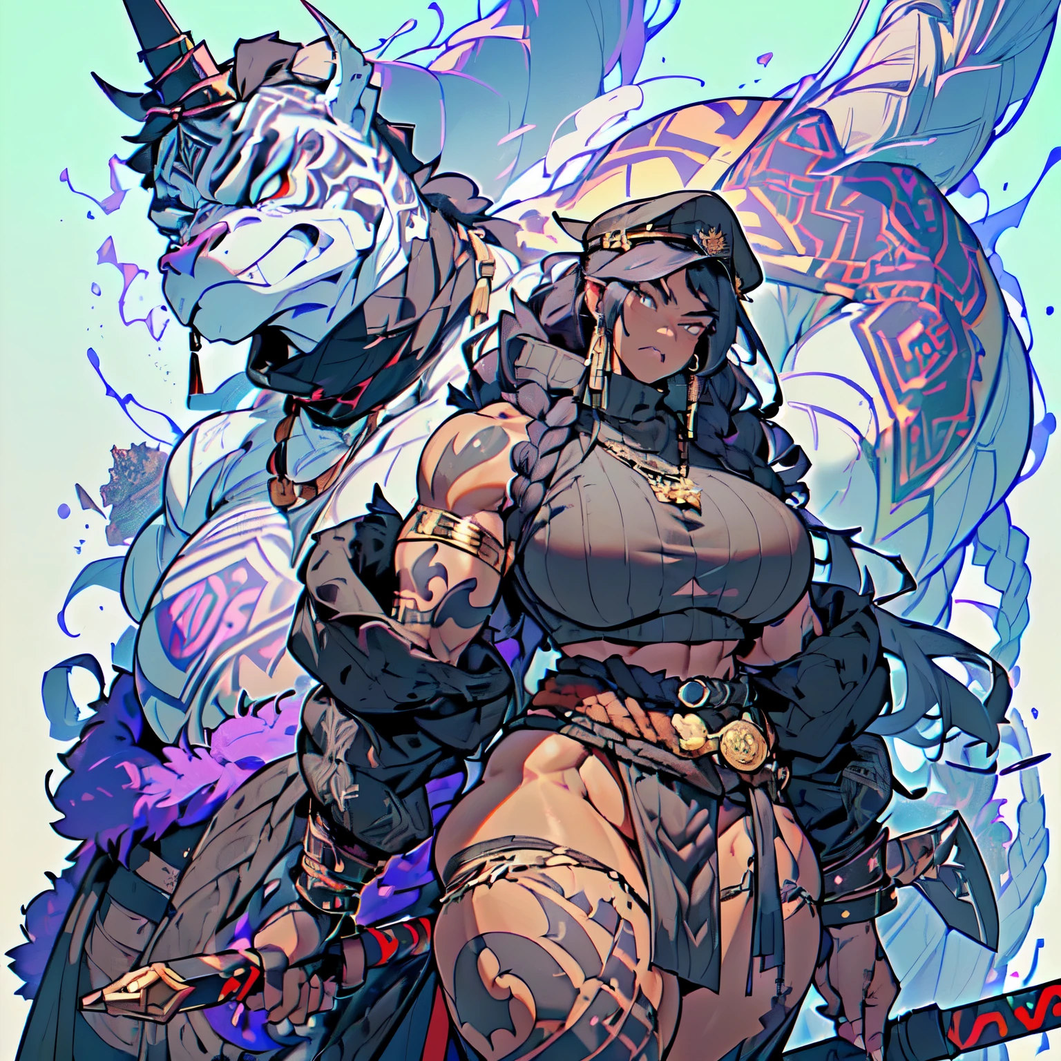 (Very angry girl with dark grey skin and tribal tatto), ((1girl)) dark purple hair, crazy messy curly long hair, (white eyeusculars), (thick thighs), solo, very angry, ((dark grey skin)), (10 pack abs), long leg muscular thighs, (strong jawline), ((((big huge saggy long tittieig muscular wide broad shoulders), wide hips huge, wide waste, (( very big muscular veiny arm)), big trapeziusfur coat, black crop top turtle neck sweater with no arm sleeves, fur cloak, ( military cap), (tribal loincloth dress), Golden barbarian belt, (holding weapon in the right), tribal garb clothing, thicc milf, muscular,
