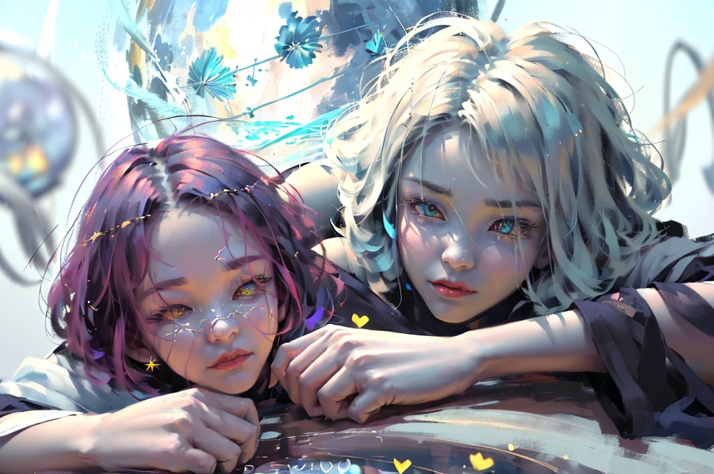 Light focus , (Dark light gradient watercolor :1.5, Lens Flare:1.5 , Glitter :1.5), Glow , Dreamy , Dark background、(((Huge blue moon background:1.5)))Grid , Colorful, girl、(((Light color background:1.5,Psychic in the background:1.5,Countless souls in the background:1.75))),((extremely detailed eye:1.5)),((Face Zoom:1.75)),((Face Focus:1.75)),{{{Ultra 8K resolution}}},((masutepiece, of the highest quality, Watercolor art (Pendanteautiful and aesthetic: 1.2)),{{hyper detailed masterpiece: 1.7}}, {{Cinematic lighting}},(The hair　Transparency:1.5）,(Light shades:1.5，light toned，Big aurora background in clear sky:1.5、ming:1.5，Cold reflection:1.5，The edges of the object are reflected by a rainbow:1.5) 、(Golden ratio: 1.2), (Full body: 1.2), (Super Detail: 1.3), (girl with: 1.3), (Fractal Art: 1.3), {{{Glitter Pupil:1.25}}}) ,patterns, ((rainbow-colored hair:1.2、colourful hair、Half blue and half red hair:1.5,Shiny hair: 1.2)), Colorful, Writing, (Heterochromia), (Colorful: 1.5), (((Shy face)), (full body Esbian), (Hyper-detailing), ((delicate detail)), (intricate-detail), ((Cinematic Light, Highest quality backlight)), High contrast, {{{The best lighting, Very delicate and beautiful}}}, (( Cinematic Light)), (ray trace reflection, Glolowing aura)), {{{Glowing hair:1.25}}}, ((Super Detail)), (8K)), ((a closeup)), ((Brown skin)), ((Seductive smile)) ,((high angle full body shot)),((,Heart-shaped pupil:1.5)), (Full body:1.2),(look at viewr:1.2),(Dazzling light:1.5)、(a white world:1.5)、(association:1.5)、write、shortpantig eyereaking glass:1.5)、{{ Stunning illustrations of amazing celestial objects}}, {{Galaxy fragmentation}}、zoom in on eyes, beautiful detailed Glass hair, Seductive smile, Heart-shaped_Pupils, Beautifully detailed,