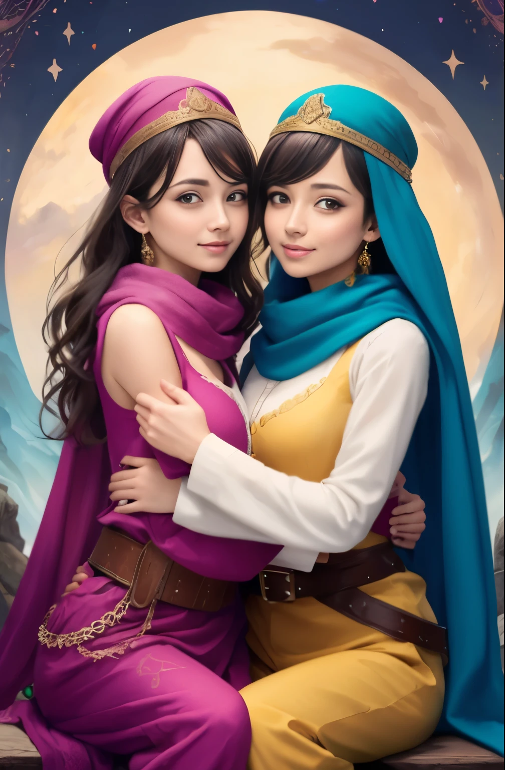 two female oen soldiers with colorful robes, sitting,dynamic pose,big eyes,trousers, vests, scarves, and headgear,magical wonderland,fantastic background, along with traditional Ottoman armor and weapons. there have just two soldiers and they are looking streight,touch each other, Tease a friend's belly, Tease a friend's buttocks, Blushing friend, Biting a friend's earlobe, Hug each other from behind, Touch your friend's breast from below,magical world,fantastic world