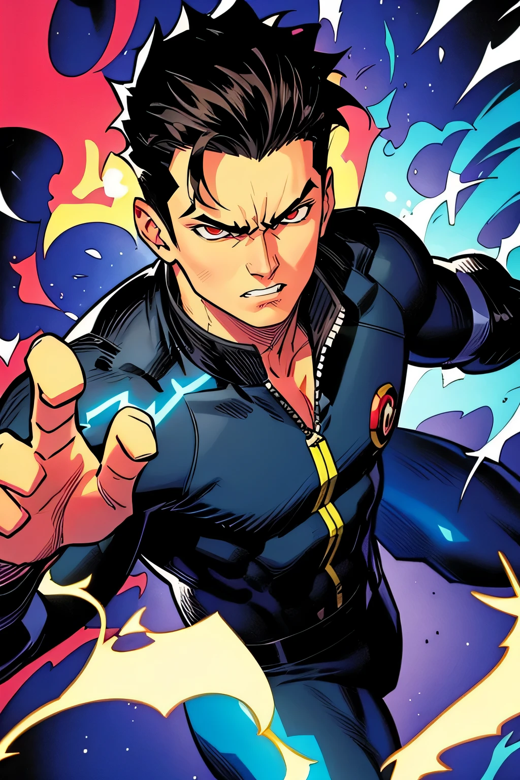 Dan Mora, Comic Art, man, 1boy, angry, glowing red eyes, , messy hair, handsome, black jacket, teenager, teen male, young male, teenage boy