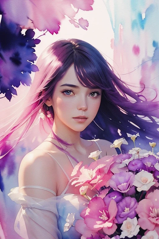 1girl,flower, Lisianthus ,in the style of light pink and light azure, dreamy and romantic compositions, pale pink, ethereal foliage, playful arrangements,fantasy, high contrast, ink strokes, explosions, over exposure, purple and red tone impression , abstract, ((watercolor painting by John Berkey and Jeremy Mann )) brush strokes, negative space,