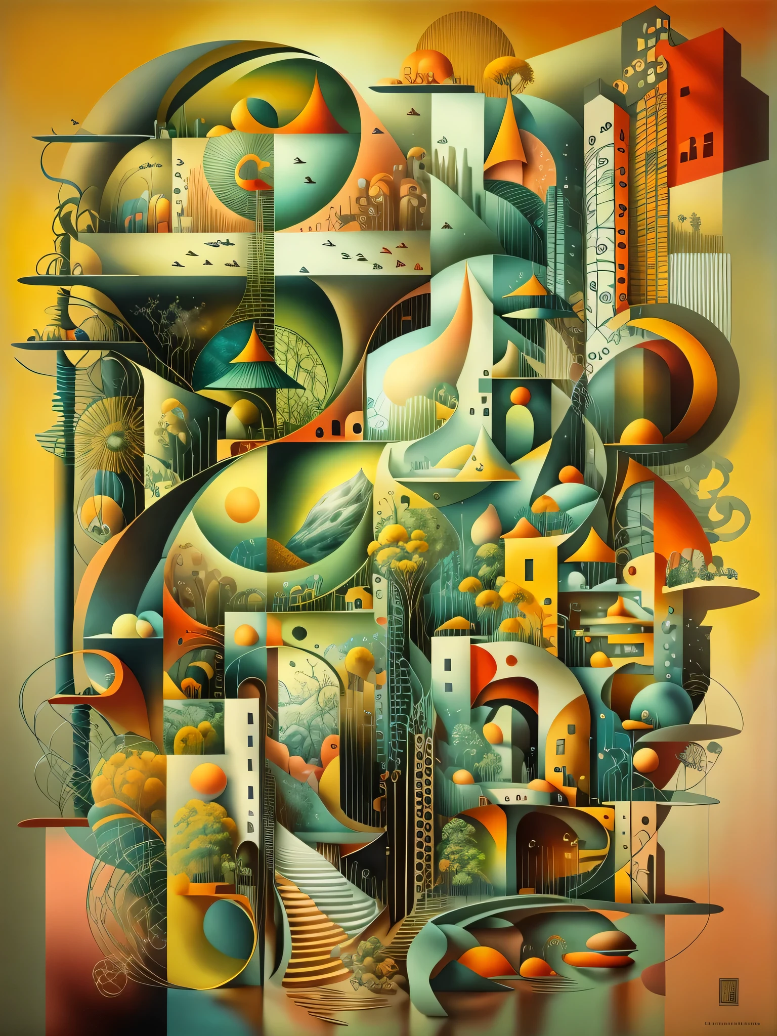 Crear una pintura que combine los estilos del surrealismo, Modernismo, cubismo, y art deco, con influencias del constructivismo y el minimalismo. The painting must be a representation of the artist's interpretation of the world., using a combination of abstract and figurative elements. The painting should be a reflection of the artist's unique perspective, and should convey a sense of mystery, maravilla, e intriga