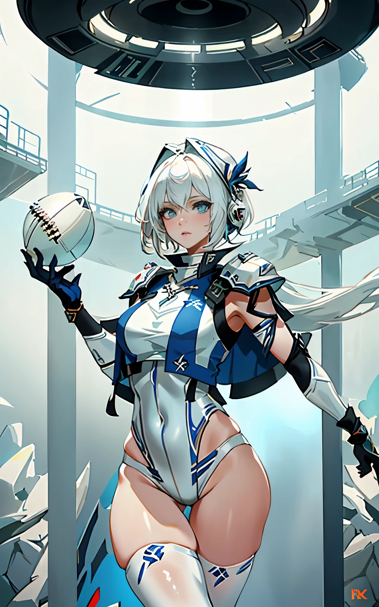 White haired female, short hair, Futuristic Arena SuperBowl, lingerie football league (masterpiece, high quality:1.1) slender frame, magepunk, priestess, white and blue lingerie, revealing football, reciever, 8k, high resolution.