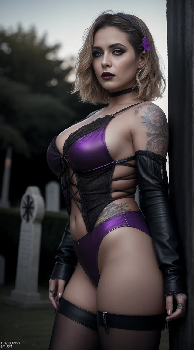 beautiful gothic girl, blonde, short hair sides shaved, in purple leather outfit, (in a British victorian age cemetery:1.2), tattooed, black makeup ,((slim, petite)), photorealistic, photo, masterpiece, realistic, realism, photorealism, high contrast, photorealistic digital art trending on Artstation 8k HD high definition detailed realistic, detailed, skin texture, hyper detailed, realistic skin texture, armature, best quality, ultra high res, (photorealistic:1.4),, high resolution, detailed, raw photo, sharp re, by lee jeffries nikon d850 film stock photograph 4 kodak portra 400 camera f1.6 lens rich colors hyper realistic lifelike texture dramatic lighting unrealengine trending on artstation cinestill 800,