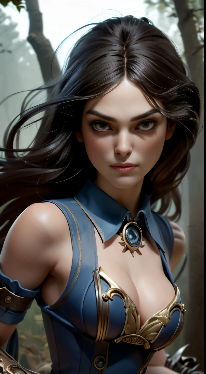 photo of Keira Knightley, RAW, beautiful woman, ((portrait)), ((detailed face:1.2)), ((detailed facial feature, detailed skin, clear skin), (perfect proportioned body), cleavage, (action shot, dancers pose:1.15), ((wearing a revealing American McGee's Alice in Wonderland steampunk dress)), (high detailed giant mystical forest), (realistic photo, best quality, detailed), (8k wallpaper), (cinematic lighting, dramatic lighting) (sharp focus, intricate)