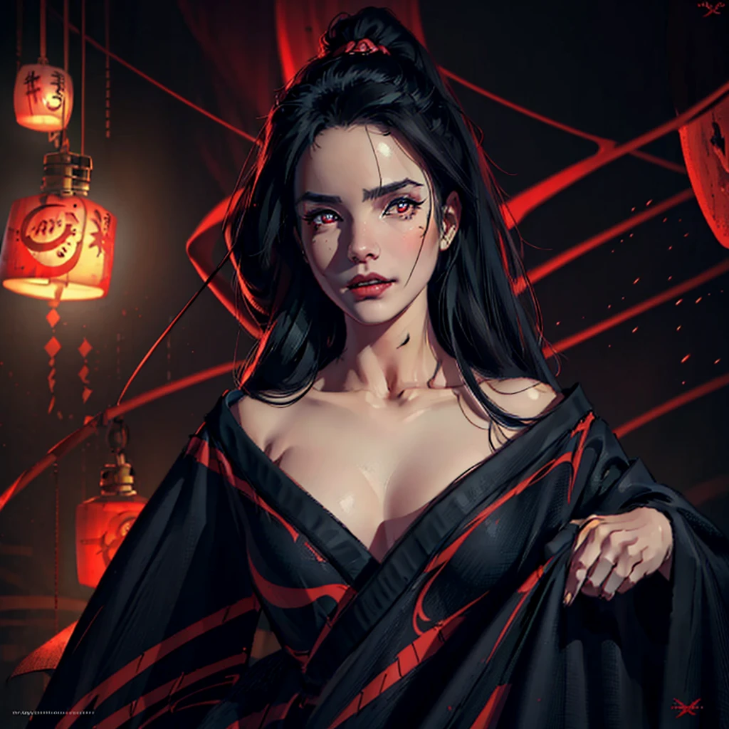 (best quality,ultra-detailed,realistic:1.37),A woman with black hair, red eyes, vampire teeth, wavy and long hair, wearing a kimono,portraits,detailed eyes,sharp focus,vivid colors,studio lighting