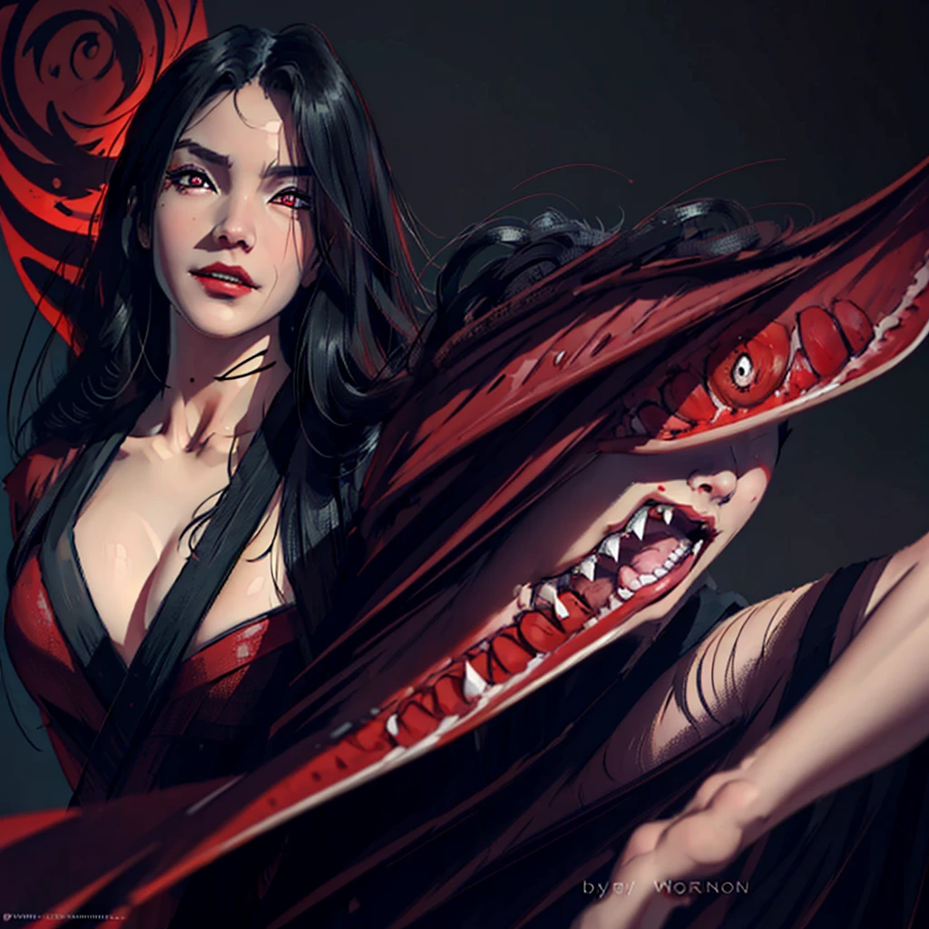 (best quality,ultra-detailed,realistic:1.37),A woman with black hair, red eyes, vampire teeth, wavy and long hair, wearing a kimono,portraits,detailed eyes,sharp focus,vivid colors,studio lighting