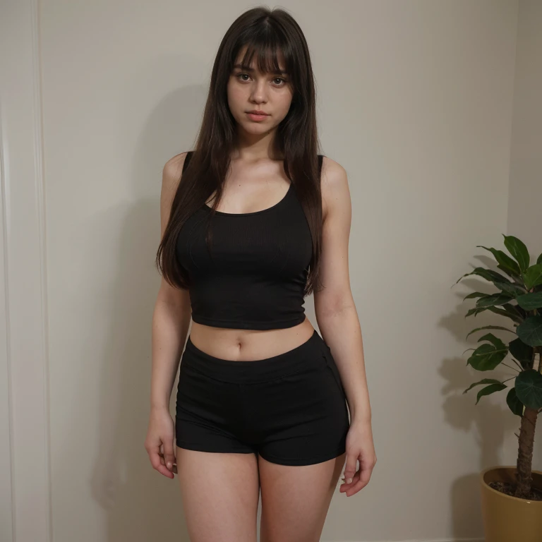 Pale skin, black hair, large breast, long hair, at a backyard