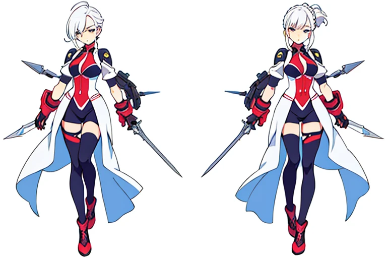 (((Best Quality))) , ((full body)), female, multiple views, white background, variety of hairstyles, holding weapon, highleg, gloves,