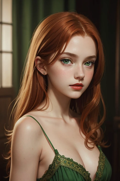 Portrait of a beautiful teenager, small breasts, intricate dress, soft smile, Red lips, redhead, green eyes, realism, digital paint, conceptual art, seeds, sharp focus, rule of thirds, Psycho-Style