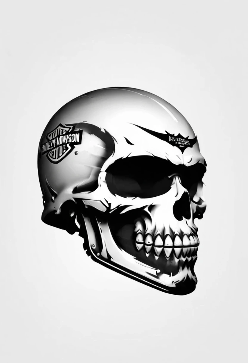 Harley Davidson logo design,t shirt design,beefy style,design only,white background,no model,professional,high contrast,high-res,ultra-detailed,vivid colors,metallic accents,sharp focus,edgy,dynamic composition,gritty texture,rough brush strokes,mechanical elements,chrome effect,classic typography,retro style,distressed look,aggressive lines and curves,3D rendering,striking visual impact,dark shadows,strong branding presence,monochromatic palette,industrial aesthetic, helmet skull