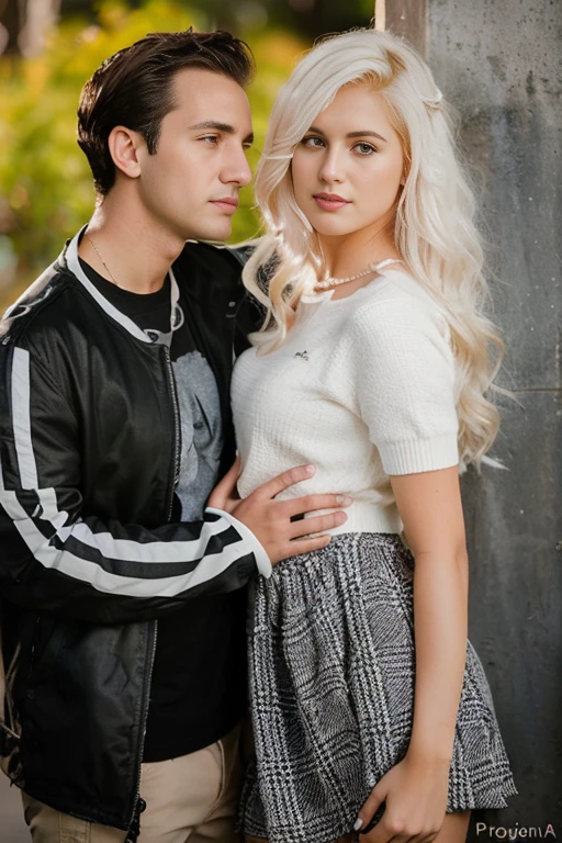 Mujer de pelo rubio con un top blanco y una chaqueta negra parada junto a un hombre, photo session, photo session, photo from a promotional session, casual photography, Retrato de parejas, Pareja encantadora, modeling photography, Pose de pareja, 1 3 5 mm retrato de Nikon, photo sessioning, Retrato medio, Foto de perfil, 7 Retrato de 0 mm, Retrato de pareja, Protrait completo, Foto promocional, promo still.