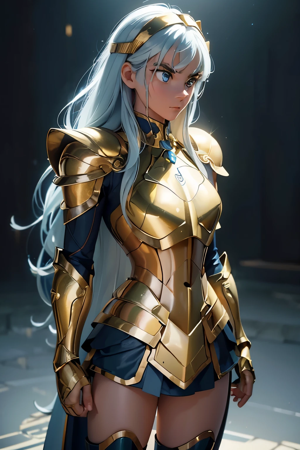 masterpiece, best quality,highly detailed RAW color Photo, sharp focus, 8k high definition, 1girl, long hair, turtle neck, close up photo, female wearing armor, light blue hair, helmet, leg armor, shoulder armor, long hair, yellow armor, reflection on armor, headset, yellow head band, sparking armor, white skin tight transparent vinyl, at night, from lower, AquariusArmor, standing strait, (gold armor:1.2) moonlight reflection, sacredness , landscape, bright (facial freckles:0.1), to8contrast style, posing in a dark studio, (rim lighting,:1.4) two tone lighting, octane, unreal, dimly lit, (low key:1.3),