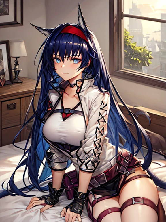 (((blaze_arknights))), ((top Quality, masterpiece, ultra detailed, ultra detailed, distinct, Beautiful expression, Eyes and faces with detailed, 8k, crisp)), POV, ((((1girl)))), smile, long_hair, black_hair, cat_ears, cat_tail, animal_ears, blue_eyes, hairband, bangs, red_hairband, hair_between_eyes, very_long_hair,outfit-Blaze, huge breasts, [[[erect nipples]]], ((morning, sun light, 1window, bed room, lay on bed, relax, front view)), (((looking viewer))), ((((face force)))), sway back