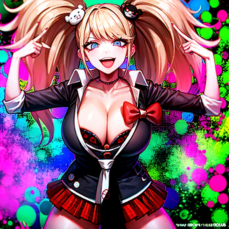 long hair, 1girl, hair ornament, twintails, solo, big breasts, blue eyes, cleavage, bow, bear hair ornament, necktie, blonde hair, smile, bangs, large breasts, looking at viewer, collarbone, shirt, nail polish, red bow, black shirt, underwear, bra, skirt, choker, black bra, sleeves rolled up, white necktie, red nails, open mouth, pleated skirt, red skirt, gigantic breasts, junko enoshima