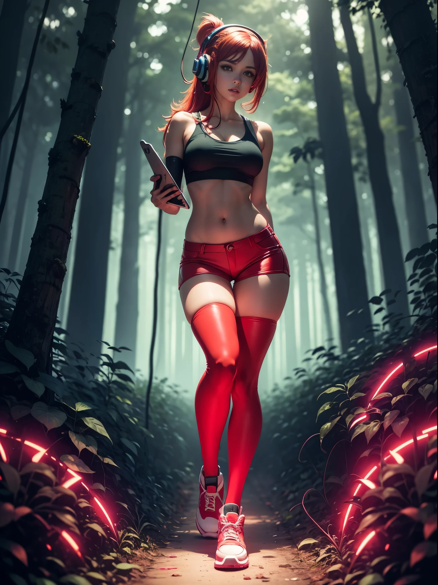 Naked Gothic Woman, cabelos loiros, rosto perfeito, olhos azuis, Red lips wearing latex gloves and thigh boots, seios nus, mamilos rosados, porcelain skin, standing in a forest, mulher em uma floresta escura, inspirado em Hedi Xandt, que caminha na floresta escura, Rainha da Floresta, na floresta escura, mulher linda, despida, NSFW, fantasy photoshoot, na floresta, in a forest at night, Fantasia sombria cyberpunk sedutora, sedutora e aterrorizante