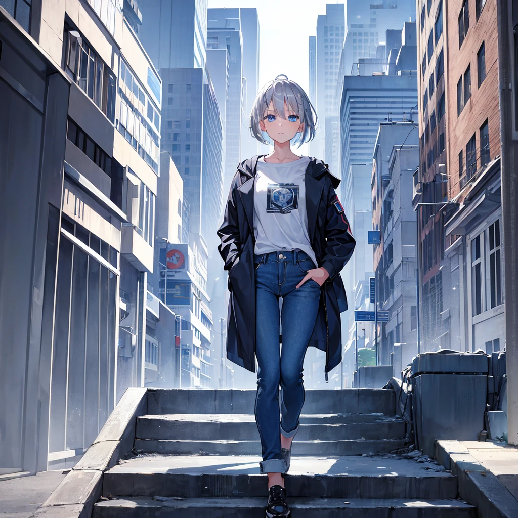 1girl, short silver hair, blue eyes, wearing jacket, denim trousers, city, absurdres, high resolution, ultrasharp, 8K, masterpiece, looking at viewer