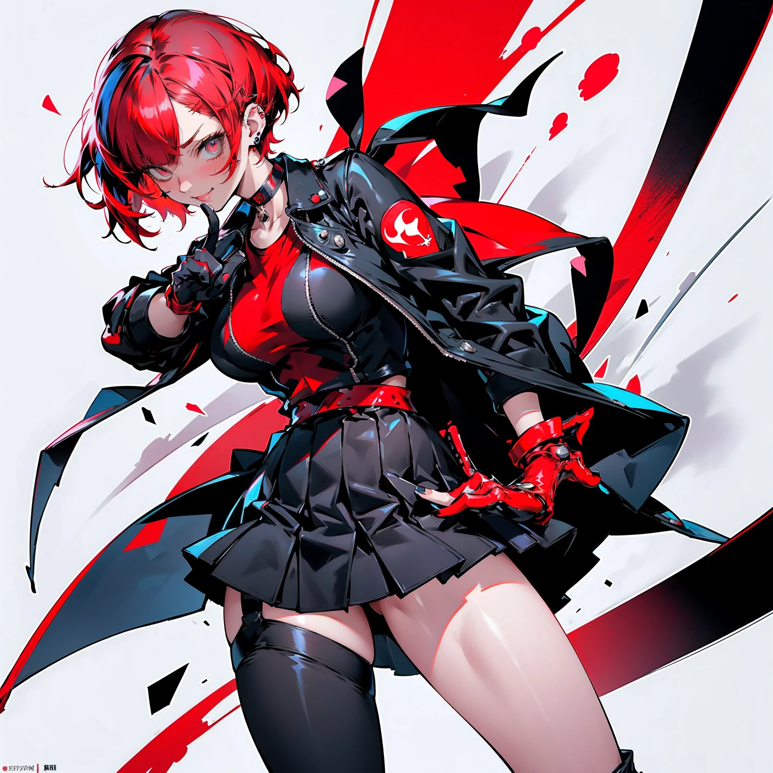 in the art style of persona 5, smal breast, delinquent, (sukeban), mature_female, blush, mature, older woman, 25 years old, Sukeban teacher outfit, (1girl, solo female, solo, solo focus)++++, choker, sukeban school teacher, sukeban school fighter, long_sleeves, open jacket, blue jacket, jean, light skin tone female, full body, jacket, biker jacket, tape, arm_support, gloves, red_gloves, bridal gauntlets, nail polish, boots, hioots, black_footwear, fighter outfit, full body, hourglass, mature face, cheeky smile, cheeky face, wrinkles, (red hair, short hair, bob cut, earrings, ear piercings), red eyeighting art, Martial arts, standing, fighting_stance, fight, fighting), extra colors, 2D, megapixel, perfectionism, accent lighting, full HD , (Masterpiece:1.2), (full-body-shot:1),(cowboy shot:1.2), (Highly detailed:1.2),(Detailed Face:1.2), Colorful, A detailed eye, (Detailed landscape:1.2), (natural lighting:1.2), ((sukeban school teacher)) by Vincent Di Fate: Aidyllery, Anamorphic Shot, rule of thirds, face by Artgerm and WLOP,