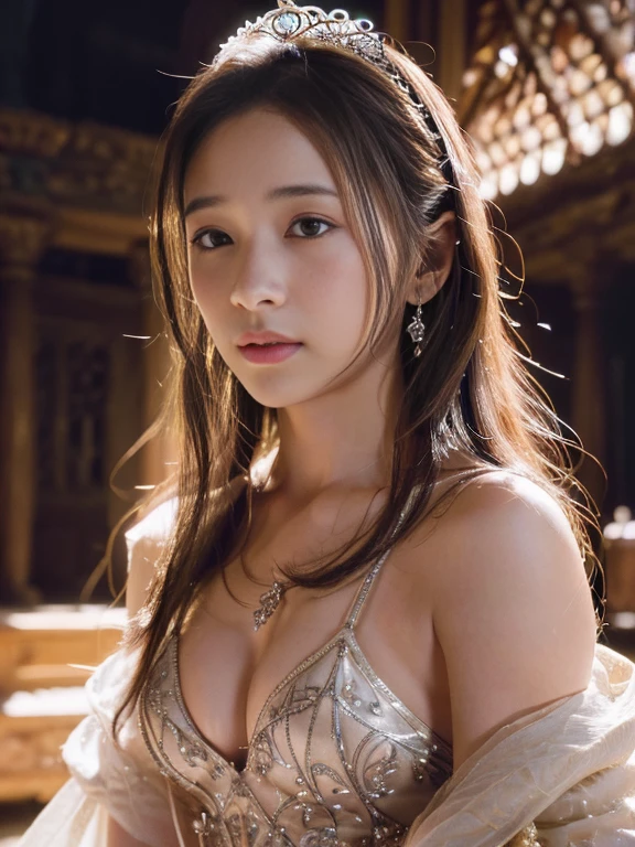 (highres, ultra-detailed, realistic:1.37), aerith, final fantasy, beautiful body, beautiful detailed eyes, detail-oriented nose, luscious lips, long flowing hair, radiant smile, elegant crown, royal attire, intricate jewelry, graceful pose, enchanting expression, majestic castle in the background, vibrant colors, soft lighting, regal atmosphere, atmospheric perspective, stunning landscape, floating clouds, magical aura, timeless beauty, intricate patterns, ethereal ambiance, striking contrast, dreamlike quality, cinematic composition, small and firm breasts