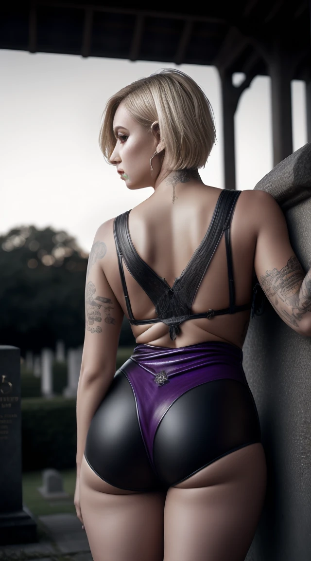 beautiful gothic girl, blonde, short hair sides shaved, in purple leather outfit, (in a British victorian age cemetery:1.2), tattooed, black makeup ,((slim, petite)), photorealistic, photo, masterpiece, realistic, realism, photorealism, high contrast, photorealistic digital art trending on Artstation 8k HD high definition detailed realistic, detailed, skin texture, hyper detailed, realistic skin texture, armature, best quality, ultra high res, (photorealistic:1.4),, high resolution, detailed, raw photo, sharp re, by lee jeffries nikon d850 film stock photograph 4 kodak portra 400 camera f1.6 lens rich colors hyper realistic lifelike texture dramatic lighting unrealengine trending on artstation cinestill 800,