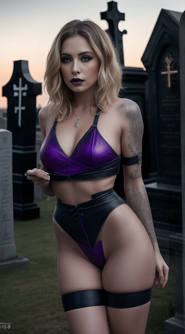 beautiful gothic girl, blonde, short hair sides shaved, in purple leather outfit, (in a British victorian age cemetery:1.2), tattooed, black makeup ,((slim, petite)), photorealistic, photo, masterpiece, realistic, realism, photorealism, high contrast, photorealistic digital art trending on Artstation 8k HD high definition detailed realistic, detailed, skin texture, hyper detailed, realistic skin texture, armature, best quality, ultra high res, (photorealistic:1.4),, high resolution, detailed, raw photo, sharp re, by lee jeffries nikon d850 film stock photograph 4 kodak portra 400 camera f1.6 lens rich colors hyper realistic lifelike texture dramatic lighting unrealengine trending on artstation cinestill 800,