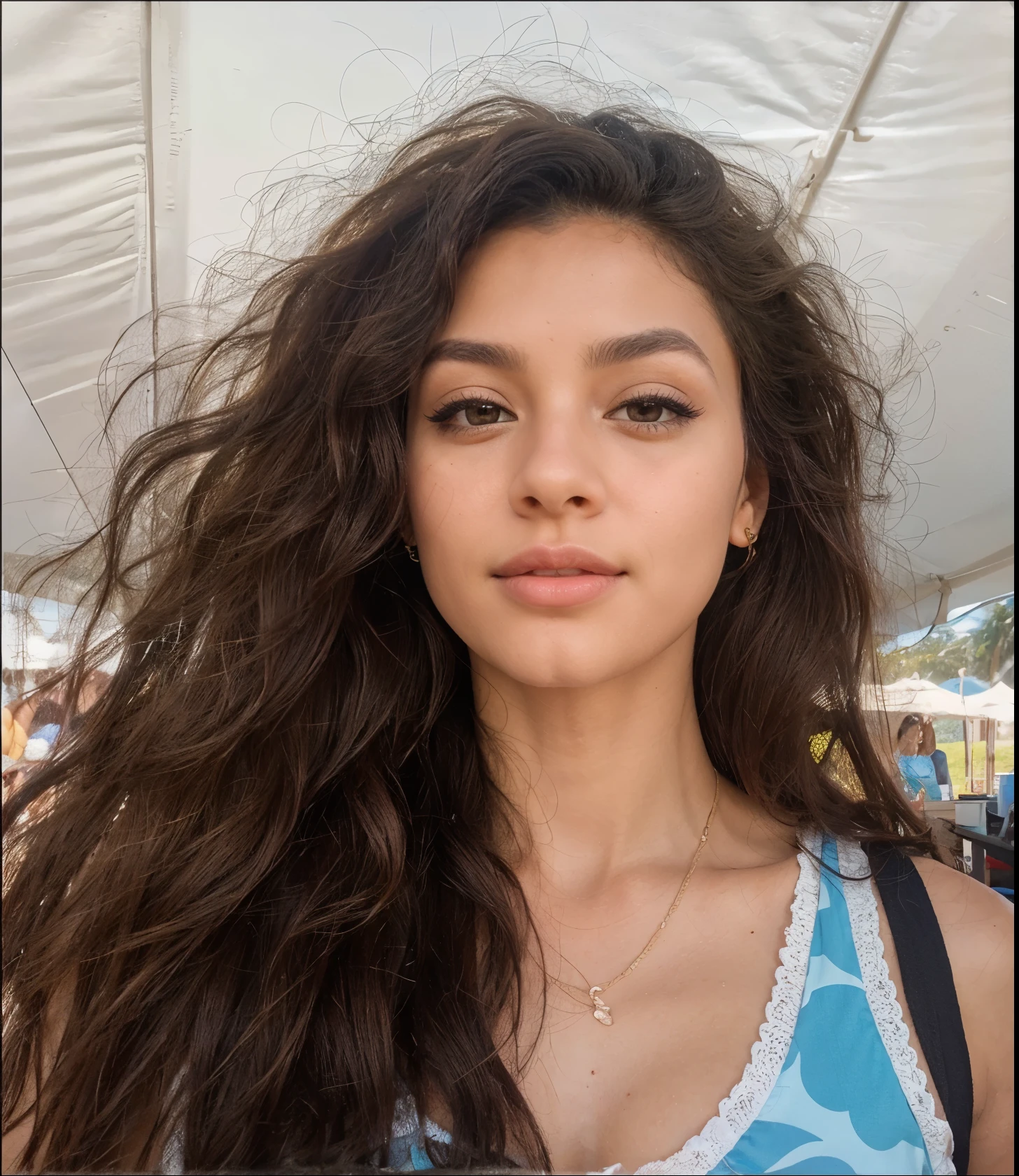 kiara carrera, detailed eyes, detailed lips, expressive face, long eyelashes, outdoors, sunny day, beach scene, happy and confident expression, first the king