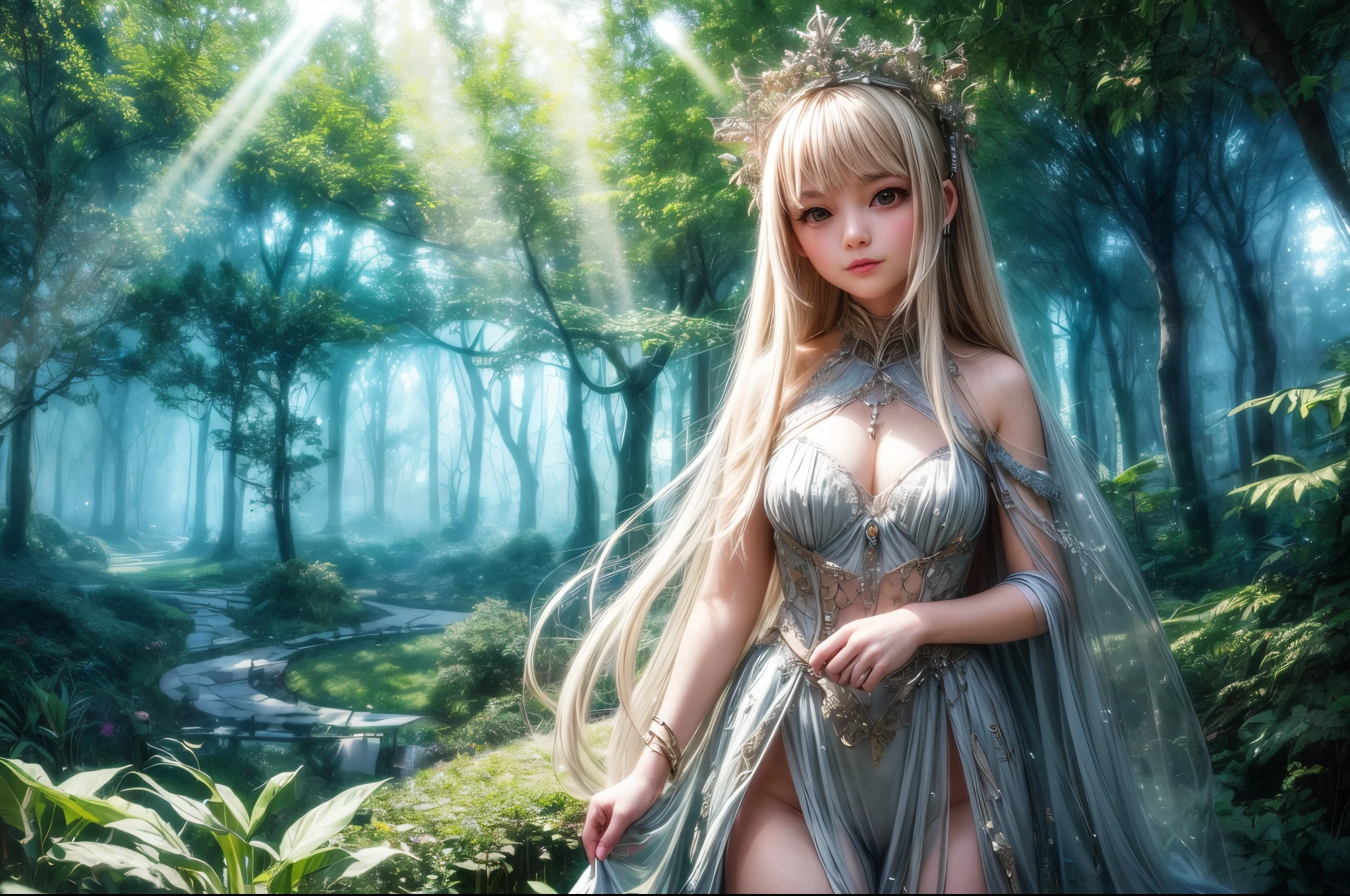 "Whimsical narrative,((Beautyfulgirl as the focal point)) in a mystical forest, (alien machine) as a fantastical backdrop, gentle sunbeams piercing through the branches, vivid color contrast, ((dreamy ambiance)), expertly blended elements, evocative storytelling"