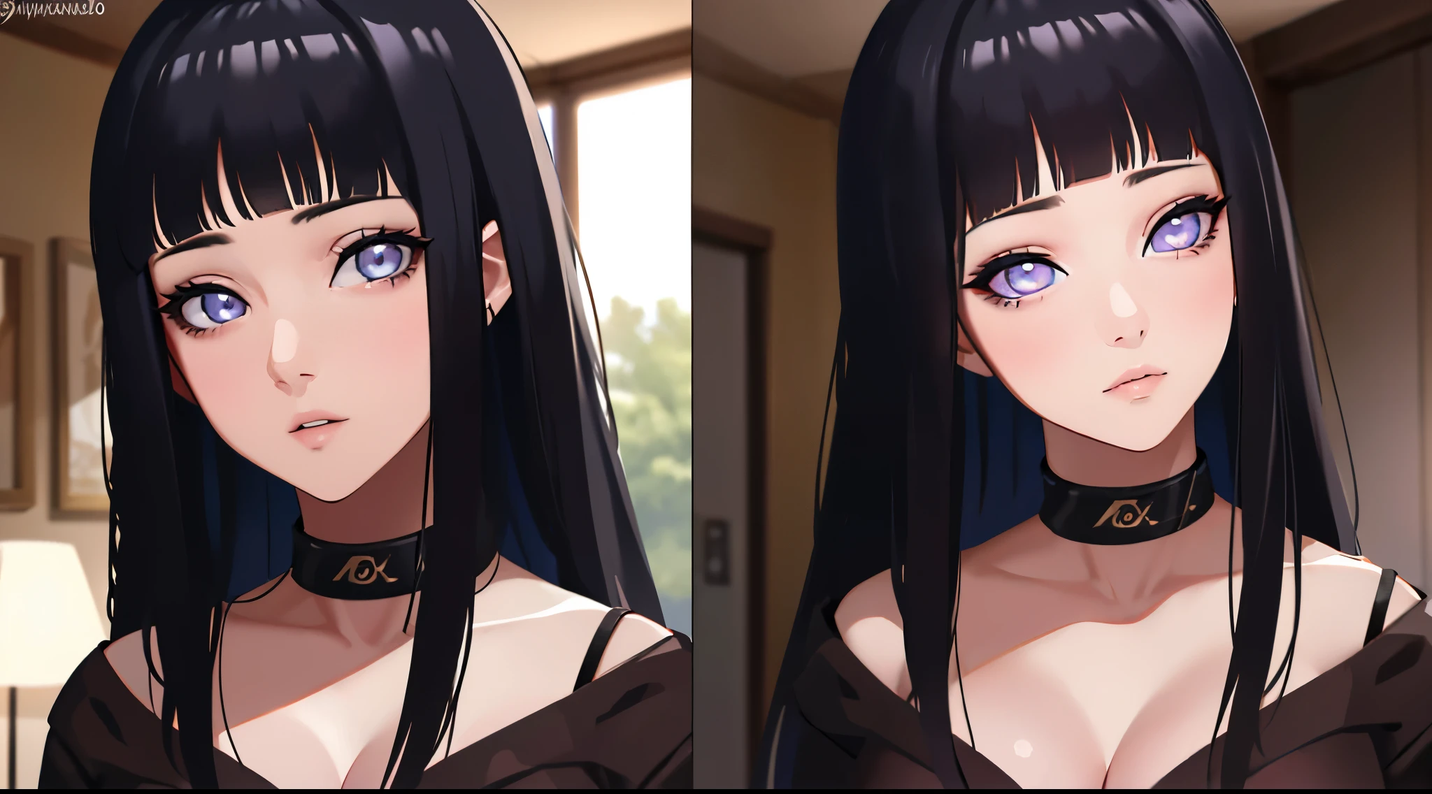 (best quality,4k,highres,masterpiece:1.2),ultra-detailed,photorealistic: 1.37, portraits,anime,hinata hyuga,naruto,(slim figure:1.1, full height:1.1),(straight-line face:1.1, oval-shaped face:1.1,elongated face:1.1),beautiful detailed eyes,great bust,long model-like legs,mini skirt,short black top