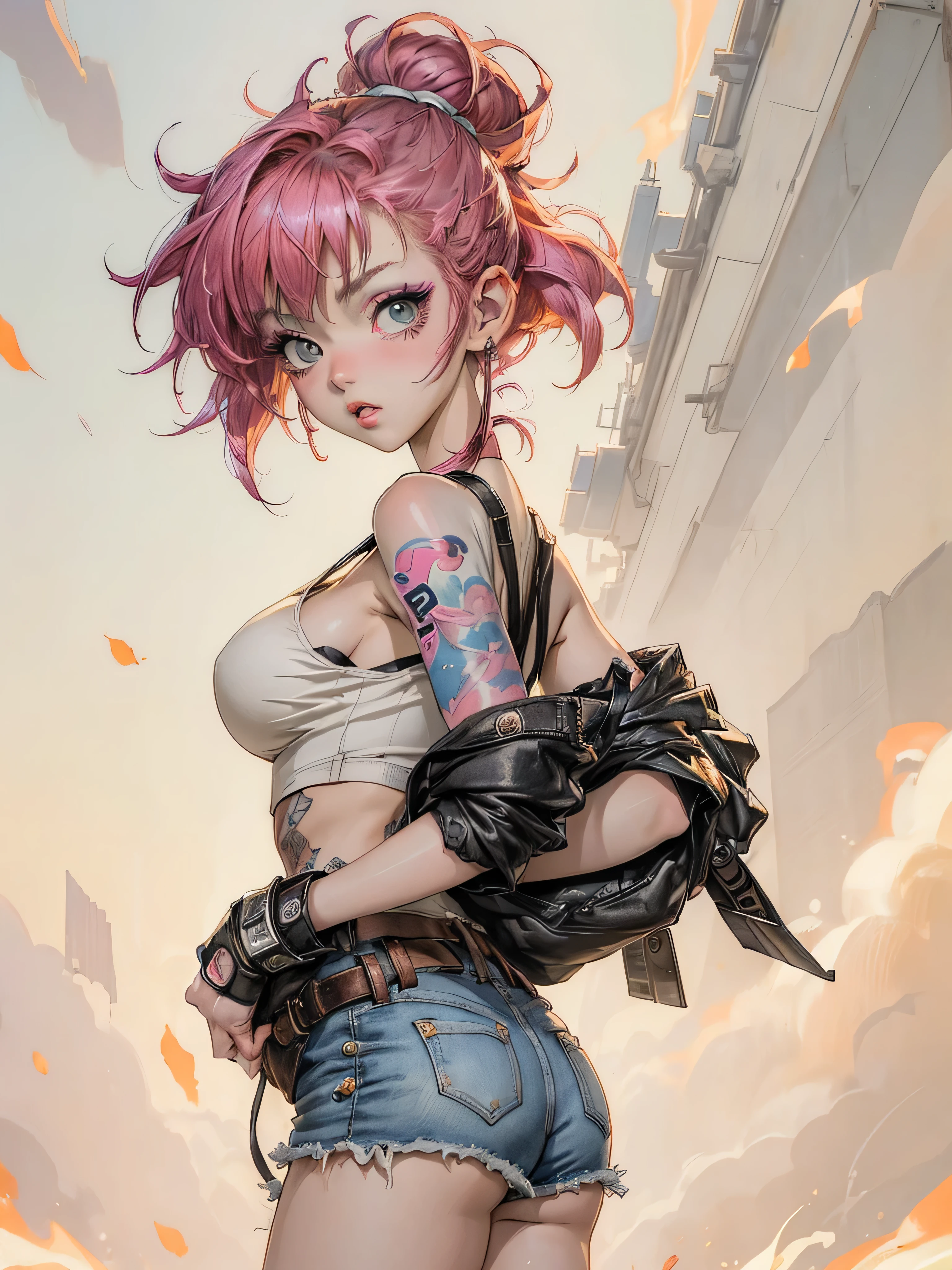 (top-quality、8K、32K、masterpiece、nffsw:1.hotorealsitic:1.4),Portrait of an 18-year-old punk girl,A detailed eye、,Wacky punk hair,Radical punk fashion,Tank Tops、Wacky makeup、A pink-haired,、A lot of tattoos on the body,、Street background、Backlight effect、depth of fields,blurry backround,,,,,,,,,,,, Big Breast,