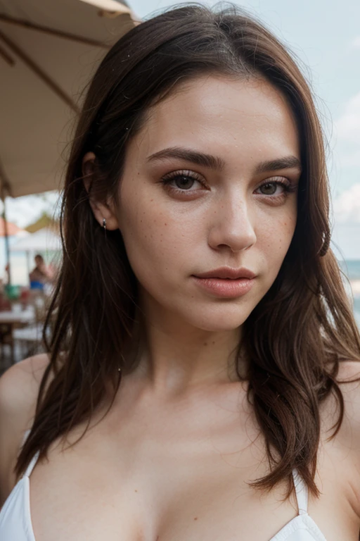 ((best quality)), ((masterpiece)), (detailed), perfect face realistic photo of beautiful woman with long dark brown hair, Russian, influencer, light freckles, dark brown eyes, big lips, no makeup, insagram, in a beach wearing santa inspired tight bikini