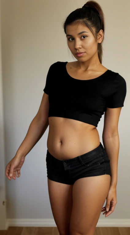 full body of A woman with a rectangular body shape stands tall, her belly protruding slightly. while the rim of her waistline accentuates her hourglass silhouette, of olive skin, rectangular format body, small flat breasts, round face, ponytail-hairstyle, tan skin, black shirt, shorts, her body a canvas for the beauty of imperfection, low camera field view,