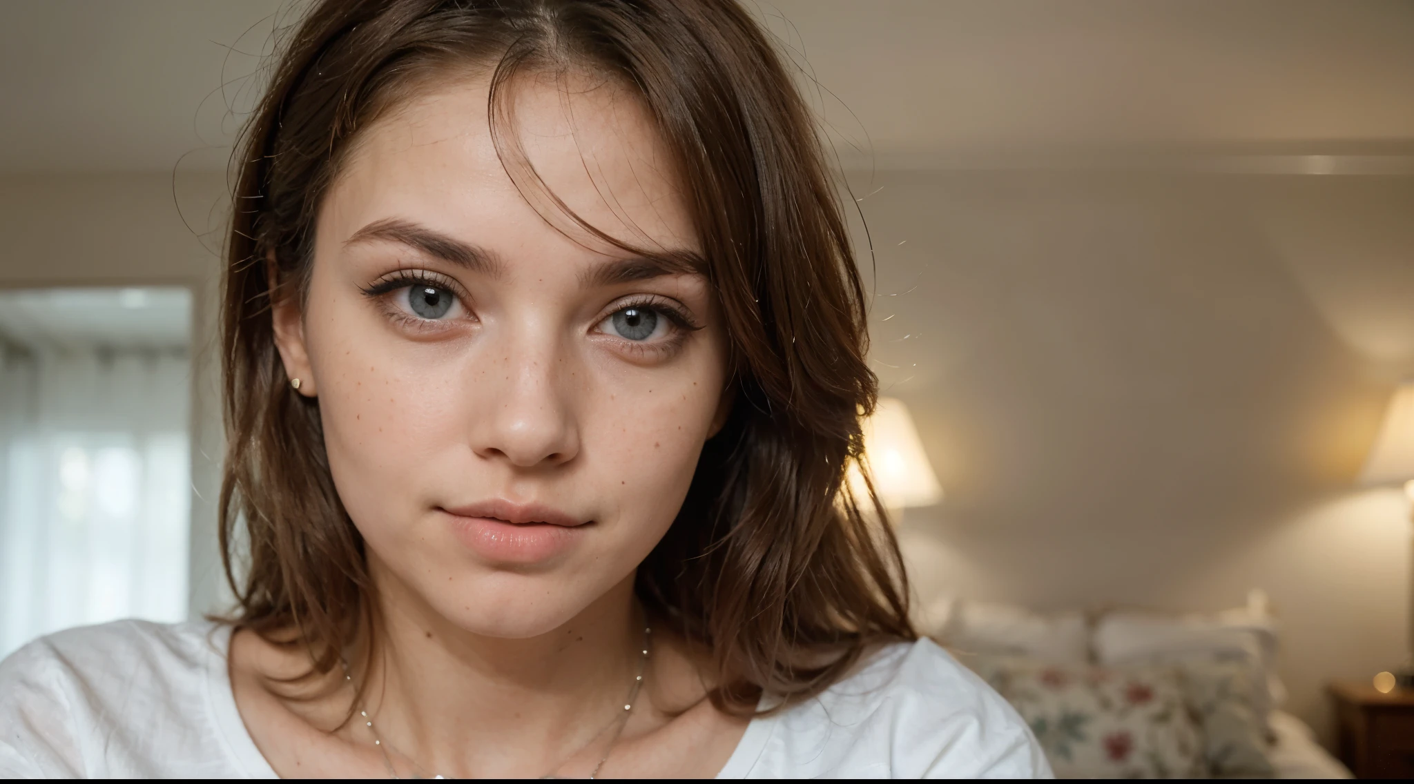 (Please generate an image of a young woman wearing a shirt and necklace. She has white hair, is tanned, Colombian brown skin, light freckles, bigger blue eyes, and subtle, natural makeup. The photo should show that she has no obvious makeup, She should look directly into the camera. The face should look real and natural. Full body shots of this attractive woman should feature eye-catching poses, She has sharp blue eyes. The girl has a sweet temperament, And the posture should be sweet, too. Please ensure the woman's entire body is visible in the image. The background should be clear and neat. The details of the image should be of high quality(Best quality at best)), ((masterpiece)), (Detailed pubic hair), and the perfect face.