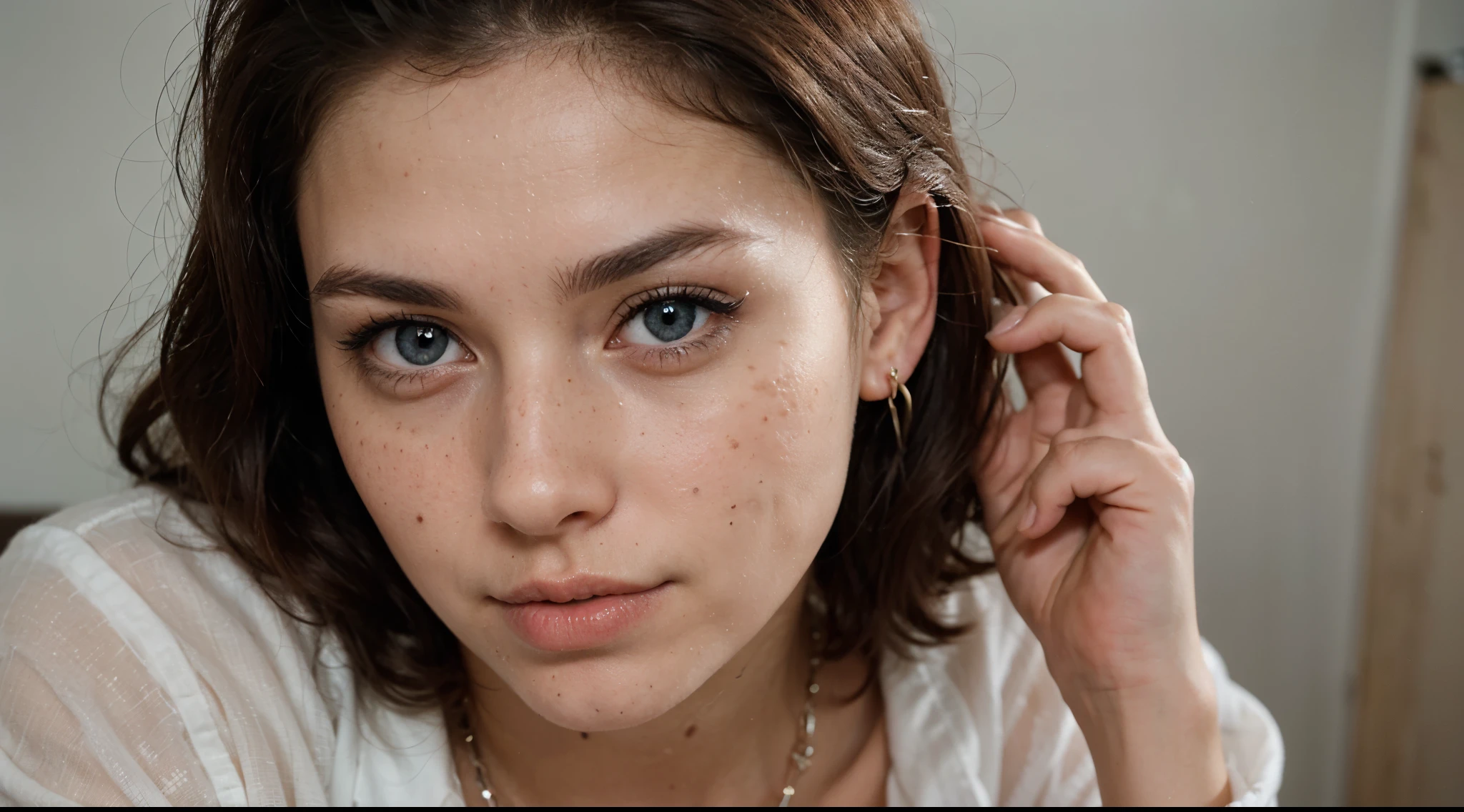 (Please generate an image of a young woman wearing a shirt and necklace. She has white hair, tanned, colombian, skin brown, ligth freckles, bigger, eBlue eyes, and a subtle, natural makeup. The photo should show that she has no obvious makeup, She should look directly into the camera. The face should look real and natural. Full body shots of this attractive woman should feature eye-catching poses, She has sharp blue eyes. The girl has a sweet temperament, And the posture should be sweet too. Please make sure the woman's entire body is visible in the image. The background should be clear、Neatness. The details of the image should be of high quality(Best quality at best)), ((tmasterpiece)), (Detailed pubic hair), the perfect face