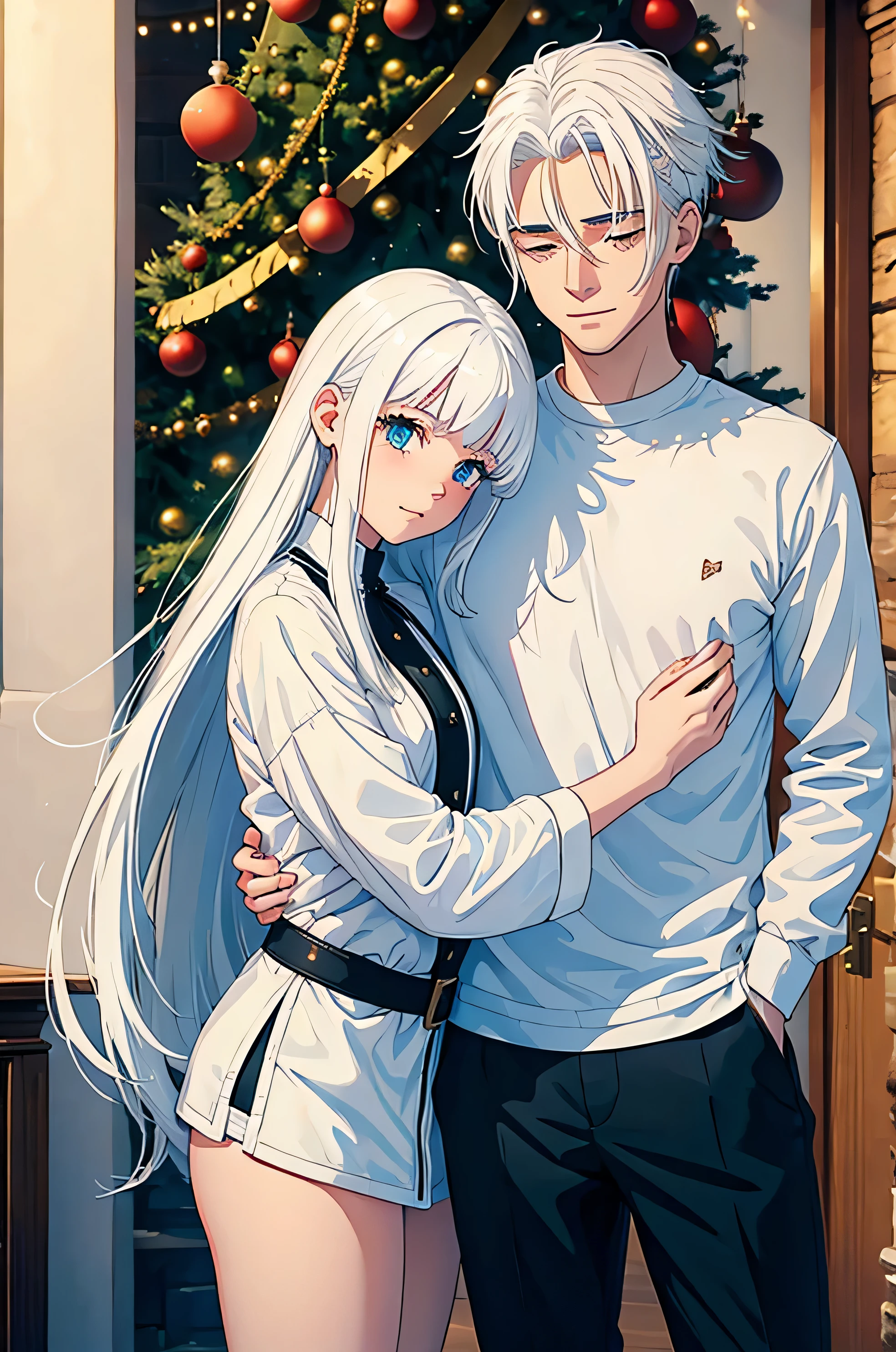 A girl with white hair hugs a young guy with white hair. Christmas. The best picture quality